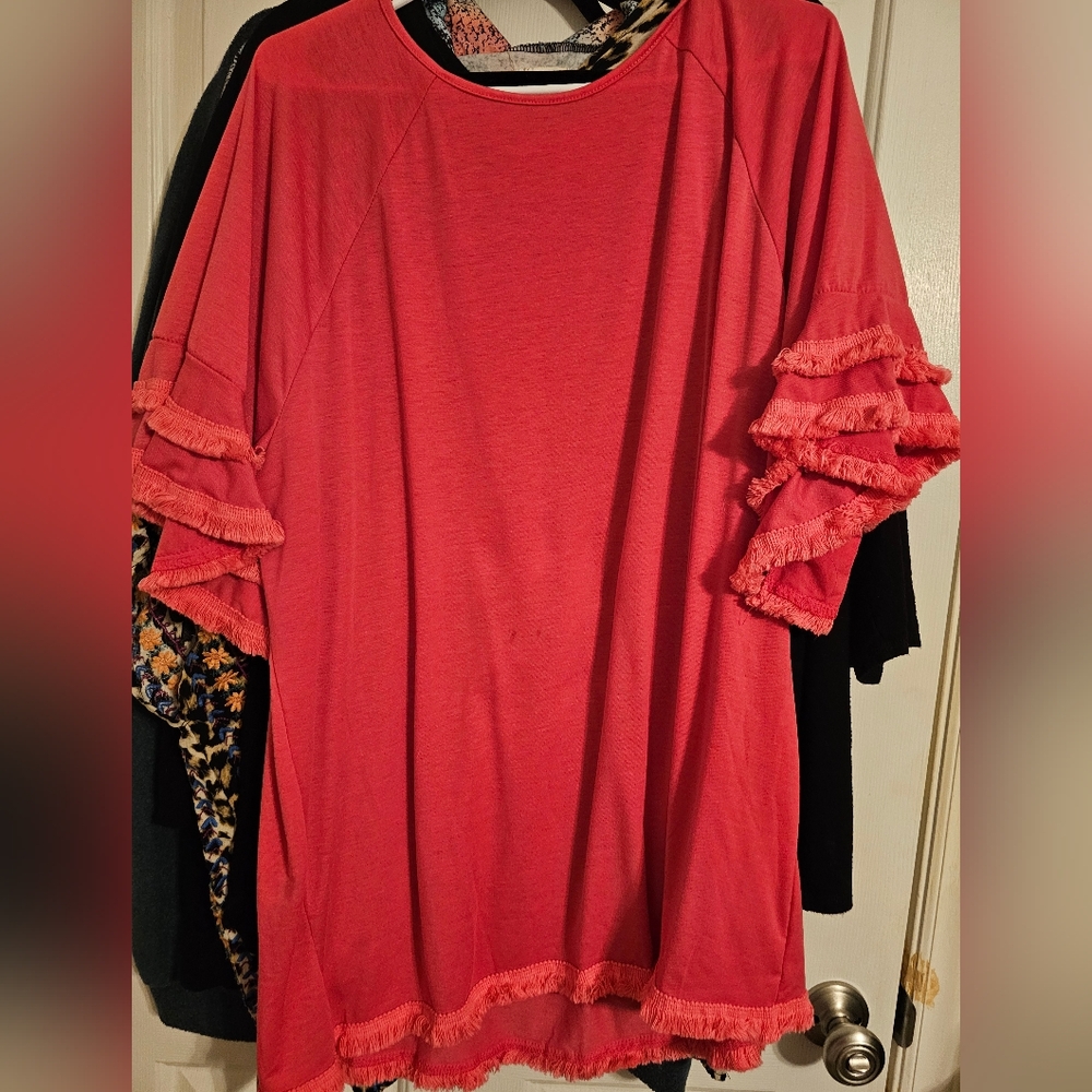 Pink Ruffled 3/4 Sleeve Tunic Blouse